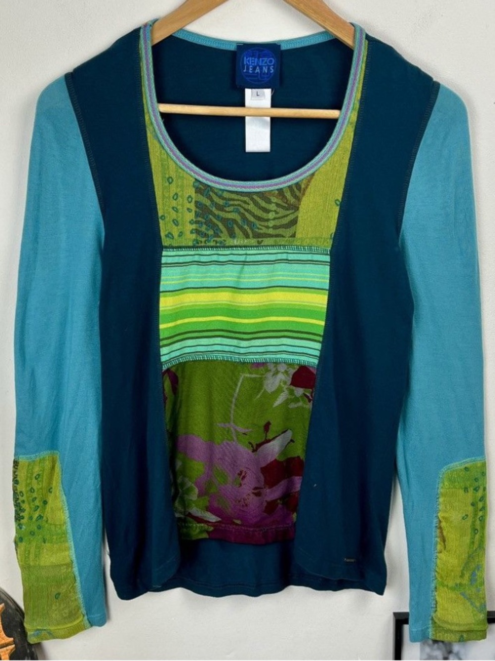 Vintage Kenzo Women's Multicolor Patchwork Long Sleeve Top - Green/Teal